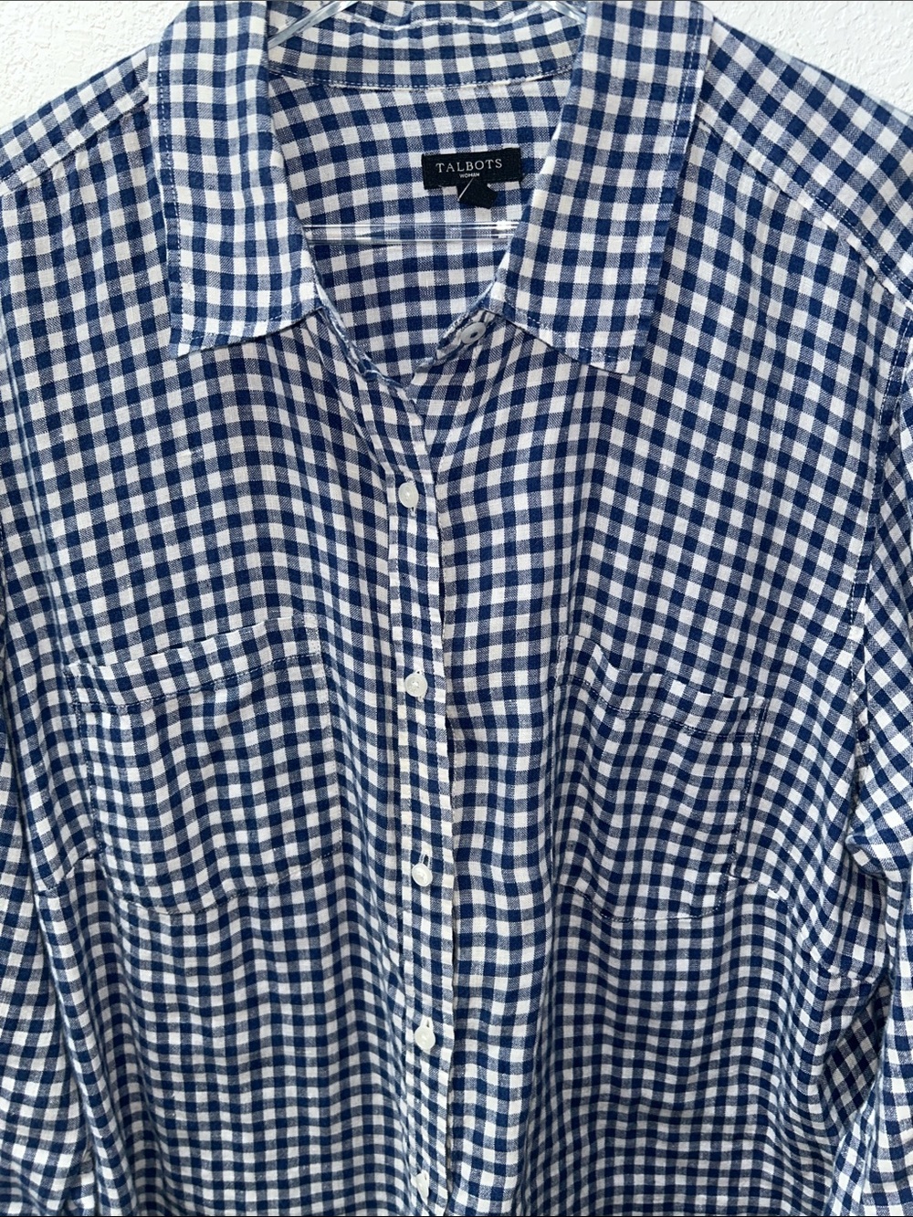 Talbots Plus Linen Navy White Gingham Long-Sleeve Button-Down Tunic 2X in EUC